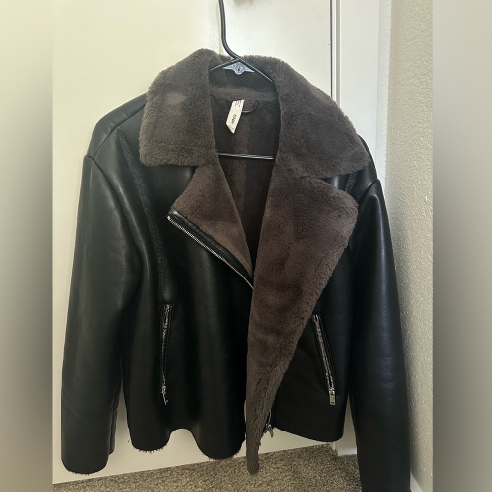 Mango Black Faux Leather Jacket with Gray Lining